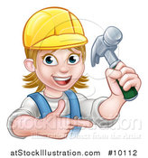 Vector Illustration of a Cartoon Happy White Female Carpenter Holding up a Hammer and Pointing by AtStockIllustration