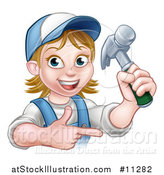 Vector Illustration of a Cartoon Happy White Female Carpenter Holding up a Hammer and Pointing by AtStockIllustration