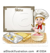 Vector Illustration of a Cartoon Happy White Female Chef Baker Mixing Frosting and Making Cookies Under a Menu by AtStockIllustration