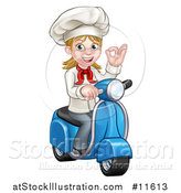 Vector Illustration of a Cartoon Happy White Female Chef Gesturing Ok and Riding a Scooter by AtStockIllustration