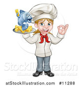 Vector Illustration of a Cartoon Happy White Female Chef Gesturing Perfect and Holding a Fish and Chips Tray by AtStockIllustration