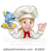 Vector Illustration of a Cartoon Happy White Female Chef Gesturing Perfect and Holding a Fish and Chips Tray by AtStockIllustration