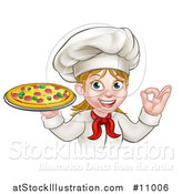 Vector Illustration of a Cartoon Happy White Female Chef Gesturing Perfect and Holding a Pizza by AtStockIllustration