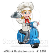 Vector Illustration of a Cartoon Happy White Female Chef Holding a Cloche Platter and Riding a Scooter by AtStockIllustration