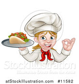 Vector Illustration of a Cartoon Happy White Female Chef Holding a Kebab on a Tray and Gesturing Perfect by AtStockIllustration