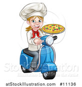Vector Illustration of a Cartoon Happy White Female Chef Holding a Pizza on a Scooter by AtStockIllustration
