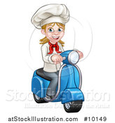 Vector Illustration of a Cartoon Happy White Female Chef Riding a Scooter by AtStockIllustration