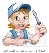 Vector Illustration of a Cartoon Happy White Female Electrician Holding up a Screwdriver and Pointing by AtStockIllustration