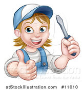 Vector Illustration of a Cartoon Happy White Female Electrician Wearing a Cap, Holding up a Screwdriver and Giving a Thumb up by AtStockIllustration
