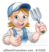 Vector Illustration of a Cartoon Happy White Female Gardener in Blue, Holding a Garden Fork and Giving a Thumb up over a Sign by AtStockIllustration