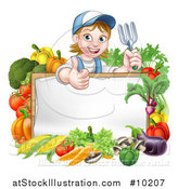 Vector Illustration of a Cartoon Happy White Female Gardener in Blue, Holding a Garden Fork and Giving a Thumb up over a White Sign with Produce by AtStockIllustration