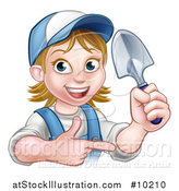 Vector Illustration of a Cartoon Happy White Female Gardener in Blue, Holding a Garden Trowel and Pointing by AtStockIllustration