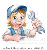 Vector Illustration of a Cartoon Happy White Female Mechanic Holding up a Wrench and Pointing by AtStockIllustration