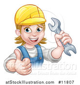 Vector Illustration of a Cartoon Happy White Female Mechanic Wearing a Hard Hat, Holding up a Wrench and Giving a Thumb up by AtStockIllustration
