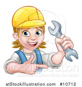 Vector Illustration of a Cartoon Happy White Female Mechanic Wearing a Hard Hat, Holding up a Wrench and Pointing by AtStockIllustration