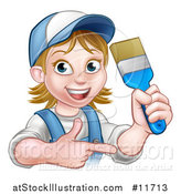 Vector Illustration of a Cartoon Happy White Female Painter Holding up a Brush and Pointing by AtStockIllustration