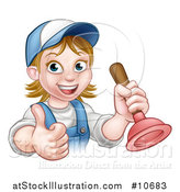 Vector Illustration of a Cartoon Happy White Female Plumber Giving a Thumb up and Holding a Plunger by AtStockIllustration