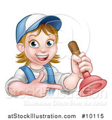 Vector Illustration of a Cartoon Happy White Female Plumber Holding a Plunger and Pointing by AtStockIllustration