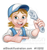 Vector Illustration of a Cartoon Happy White Female Plumber Holding an Adjustable Wrench and Pointing by AtStockIllustration