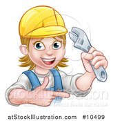 Vector Illustration of a Cartoon Happy White Female Plumber Holding an Adjustable Wrench and Pointing by AtStockIllustration