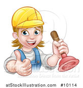 Vector Illustration of a Cartoon Happy White Female Plumber Wearing a Hard Hat, Giving a Thumb up and Holding a Plunger by AtStockIllustration