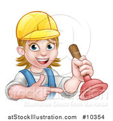 Vector Illustration of a Cartoon Happy White Female Plumber Wearing a Hard Hat, Pointing and Holding a Plunger by AtStockIllustration