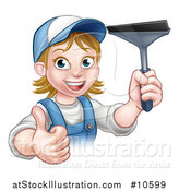 Vector Illustration of a Cartoon Happy White Female Window Cleaner in Blue, Giving a Thumb up and Holding a Squeegee by AtStockIllustration