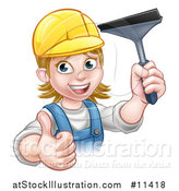 Vector Illustration of a Cartoon Happy White Female Window Cleaner in Blue, Giving a Thumb up and Holding a Squeegee by AtStockIllustration