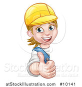 Vector Illustration of a Cartoon Happy White Female Worker Giving a Thumb up Around a Sign by AtStockIllustration