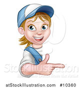 Vector Illustration of a Cartoon Happy White Female Worker Pointing Around a Sign by AtStockIllustration