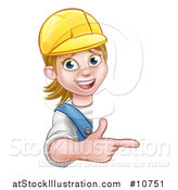 Vector Illustration of a Cartoon Happy White Female Worker Wearing a Hardhat and Pointing Around a Sign by AtStockIllustration