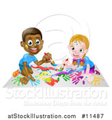 Vector Illustration of a Cartoon Happy White Girl and Black Boy Kneeling and Painting Artwork by AtStockIllustration