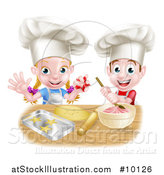 Vector Illustration of a Cartoon Happy White Girl and Boy Wearing Toque Hats, Making Pink Frosting and Star Shaped Cookies by AtStockIllustration