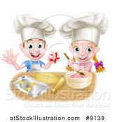 Vector Illustration of a Cartoon Happy White Girl and Boy Wearing Toque Hats, Making Pink Frosting and Star Shaped Cookies by AtStockIllustration