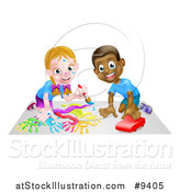 Vector Illustration of a Cartoon Happy White Girl Kneeling and Painting Artwork and Black Boy Playing with a Car by AtStockIllustration