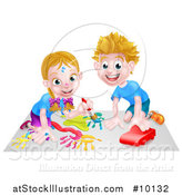 Vector Illustration of a Cartoon Happy White Girl Kneeling and Painting Artwork and Boy Playing with a Toy Car by AtStockIllustration