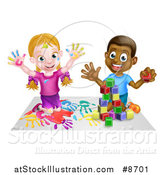 Vector Illustration of a Cartoon Happy White Girl Sitting on Paper and and Painting and a Black Boy Playing with Blocks by AtStockIllustration