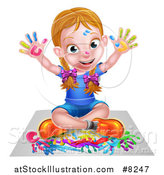 Vector Illustration of a Cartoon Happy White Girl Sitting on Paper and and Painting by AtStockIllustration