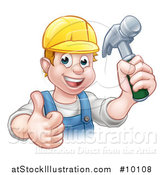 Vector Illustration of a Cartoon Happy White Male Carpenter Holding a Hammer and Giving a Thumb up by AtStockIllustration