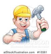 Vector Illustration of a Cartoon Happy White Male Carpenter Holding a Hammer and Pointing by AtStockIllustration