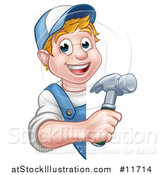 Vector Illustration of a Cartoon Happy White Male Carpenter Holding a Hammer Around a Sign by AtStockIllustration