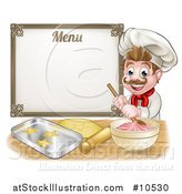 Vector Illustration of a Cartoon Happy White Male Chef Baker Mixing Frosting and Making Cookies Under a Menu by AtStockIllustration