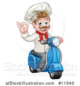 Vector Illustration of a Cartoon Happy White Male Chef Gesturing Ok on a Delivery Scooter by AtStockIllustration