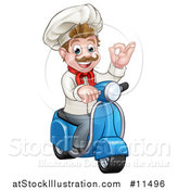 Vector Illustration of a Cartoon Happy White Male Chef Gesturing Ok on a Delivery Scooter by AtStockIllustration