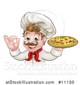 Vector Illustration of a Cartoon Happy White Male Chef Gesturing Perfect and Holding up a Pizza by AtStockIllustration