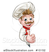 Vector Illustration of a Cartoon Happy White Male Chef Giving a Thumb up Around a Sign by AtStockIllustration