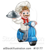 Vector Illustration of a Cartoon Happy White Male Chef, Holding a Cloche on a Delivery Scooter by AtStockIllustration