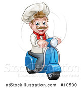 Vector Illustration of a Cartoon Happy White Male Chef on a Delivery Scooter by AtStockIllustration