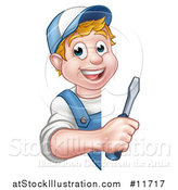 Vector Illustration of a Cartoon Happy White Male Electrician Holding a Screwdriver Around a Sign by AtStockIllustration