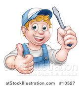 Vector Illustration of a Cartoon Happy White Male Electrician Holding up a Screwdriver and a Thumb by AtStockIllustration